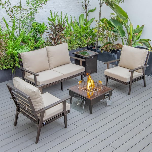 Leisuremod Walbrooke Brown 5-Piece Aluminum Square Patio Fire Pit Set with Beige Cushions and Tank Holder