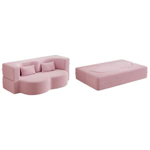 78 in Square Arm Fabric Curved 3-in-1 Sofa with Pillows, Foam-Filled Sleeper Sofa Bed ,15" Full Folding Mattress in Pink