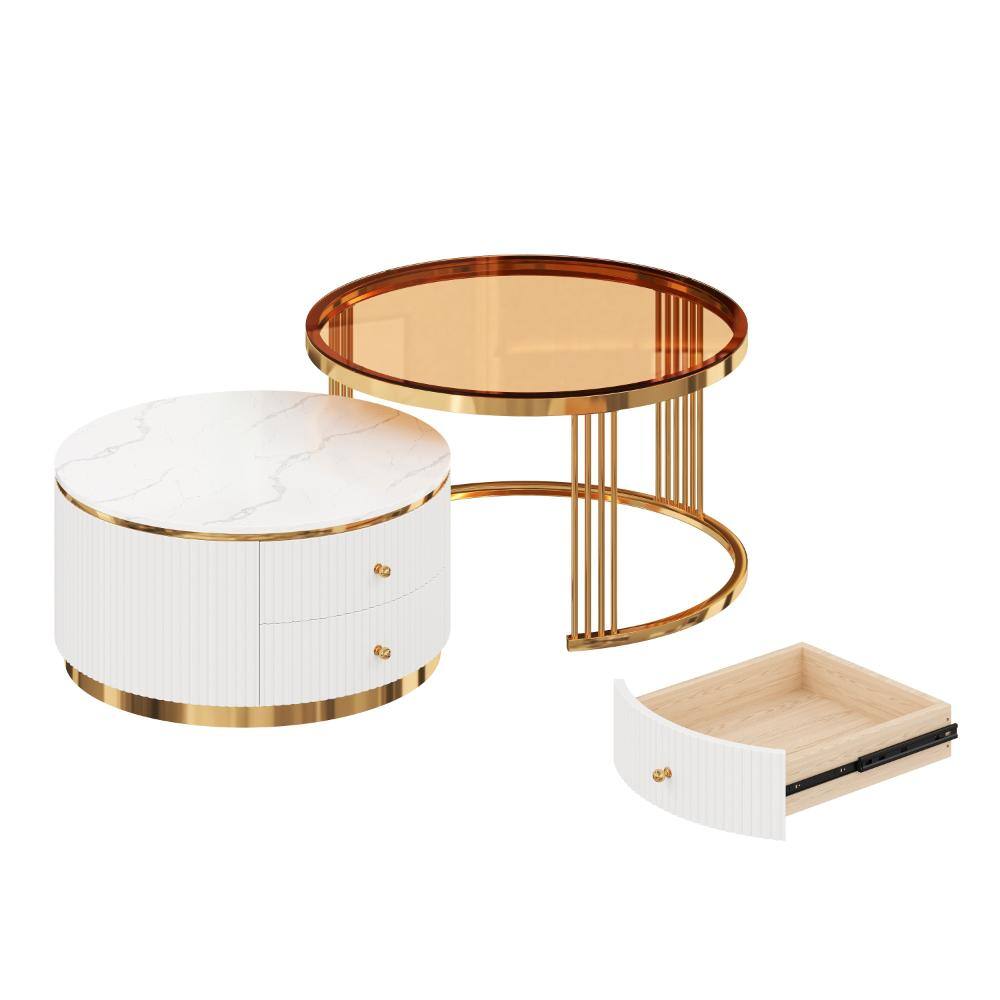 Nestfair round nesting coffee table set with one drawer fully extended.
