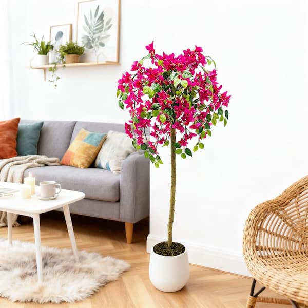 Garvee Artificial Bougainvillea Tree, Pink Fabric Flowers and Green Leaves, Faux Potted Plant with White Decorative Planter, No Watering or Sunlight