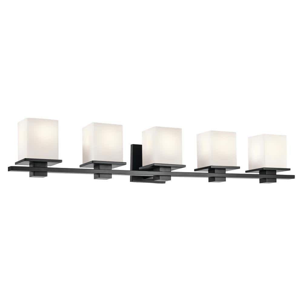 Tully 40.25 in. 5-Light Black Soft Modern Bathroom Vanity Light with Etched Glass Shade price history on PriceWatchPro