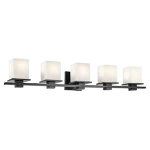 Tully 40.25 in. 5-Light Black Soft Modern Bathroom Vanity Light with Etched Glass Shade