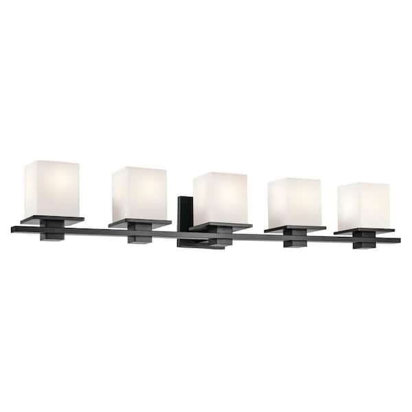 KICHLER Tully 40.25 in. 5-Light Black Soft Modern Bathroom Vanity Light with Etched Glass Shade
