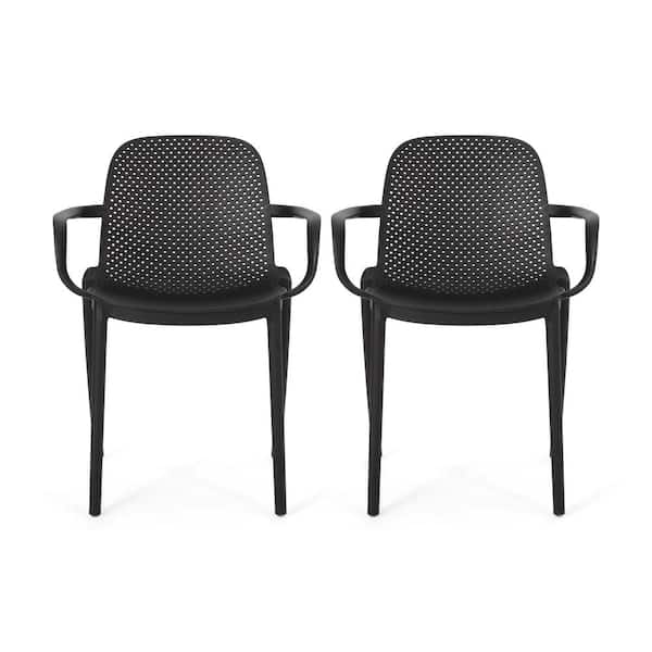 Noble House Gardenia Black Stackable Plastic Outdoor Patio Dining Chairs (2-Pack)