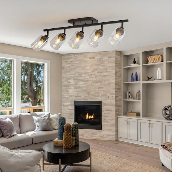 35 in. 5-Light Matte Black Hard Wired Track Lighting, 3 ft. Ceiling Spotlight with Clear Cylinder Glass Shades