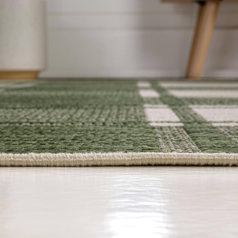 Sabine Green and Cream Synthetic Checkerboard Runner Rug, 2 x 8 ft