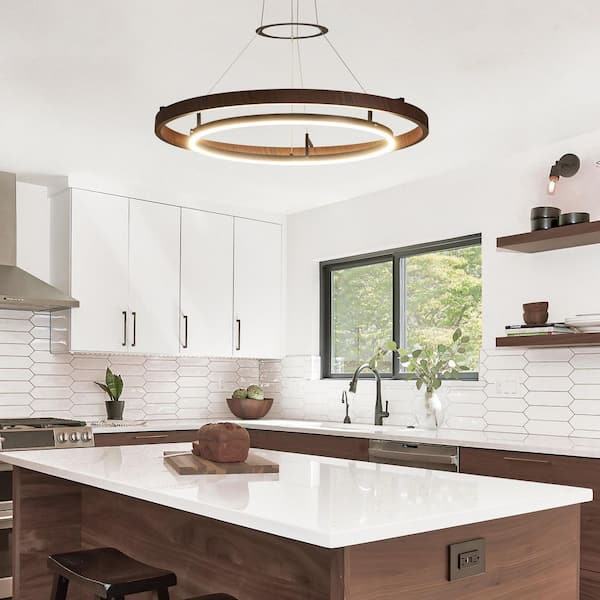 32 in. Modern 1-Light Wood and Black Circle Dimmable Integrated LED Chandeliers for Dining Room Kitchen Island