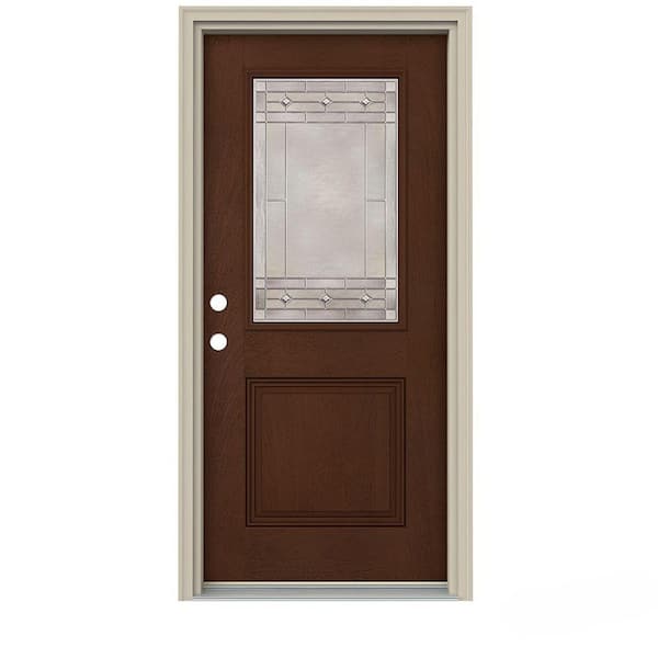 JELD-WEN 36 in. x 80 in. 1/2 Lite Sedona Coffee Bean Stained Fiberglass Prehung Right-Hand Inswing Front Door