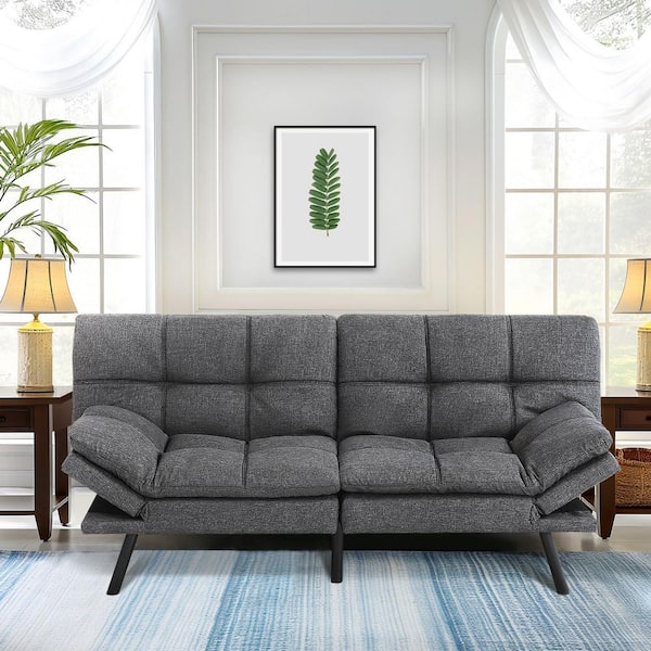 WONDER COMFORT 71 in. Dark Gray Linen Fabric Twin Size Memory Foam Futon Sofa Bed Foldable Convertible Loveseat