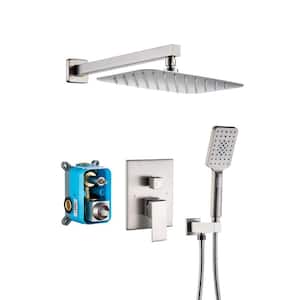 Mondawell Square 3-Spray Patterns 12 in. x 8 in. Wall Mount Rain Dual Shower Heads w/ Handheld & Valve in Brushed Nickel