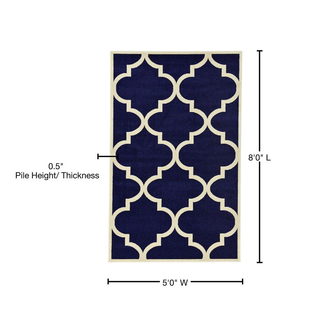 Navy Blue Trellis Rectangular Indoor Rug 5' x 8' - Easy Care & Stain-Resistant