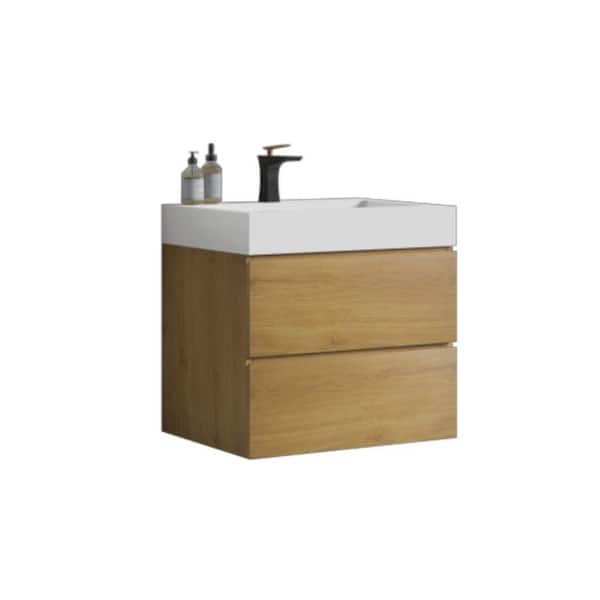 Sanlan Alice106 24 in. W x 18 in. D x 25 in. H Single Sink Floating Bath Vanity in Natural with White Solid Surfer Top