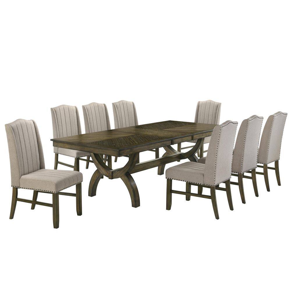 Halo 9-Piece Antique Brown Wood Dining Set With 8 Beige Upholstered Chairs price history on PriceWatchPro