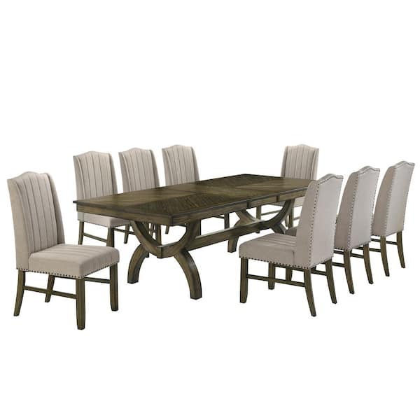 Halo 9-Piece Antique Brown Wood Dining Set With 8 Beige Upholstered Chairs