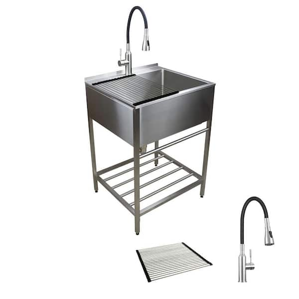 25 in. x 22 in. x 34 in. Stainless Steel Apron-Front Freestanding Utility/Laundry Sink with Wash Stand in Brushed Satin