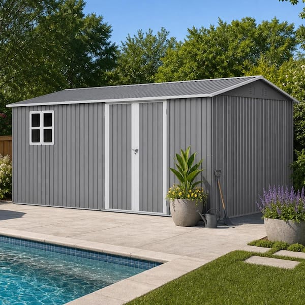 14 ft. W x 10 ft. D Outdoor Metal Storage Shed with Foundation Frame and Window (129 sq. ft.)