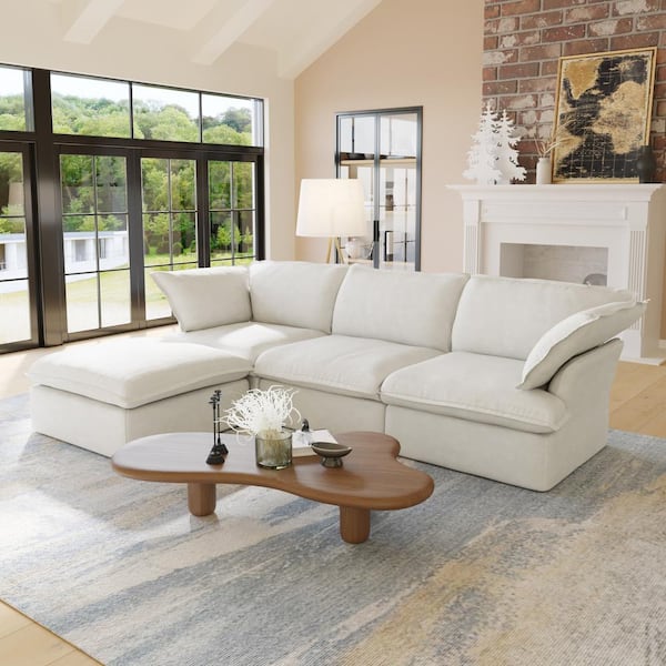 J&E Home 122.82 in. 4-Pieces Flared Arm Modular Velvet Modern Sectional Sofa in White 4-Pieces