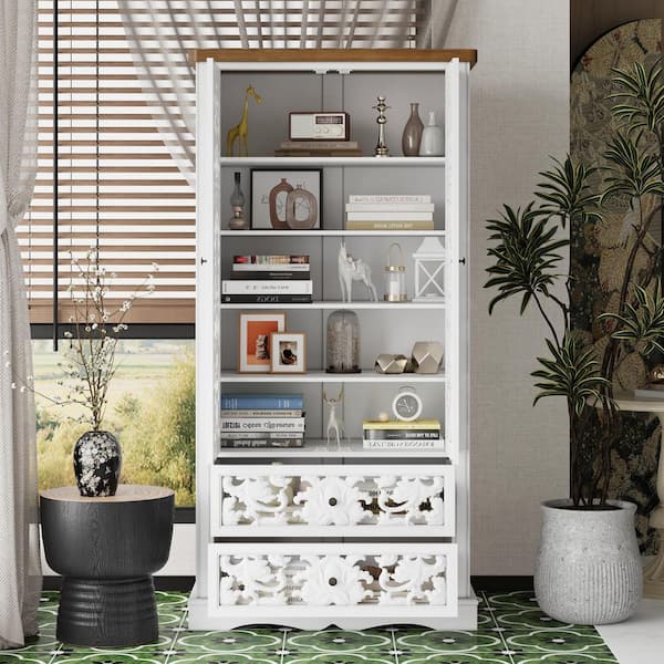 White Finish 66.1 in. Accent Storage Cabinet with 5 Shelves, Decorative Carved Doors, 2 Drawers, Anti-Tip Kit