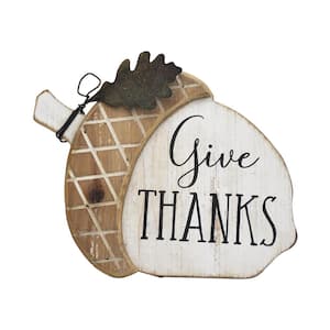 7.25 in. Give Thanks Farmhouse Wood Acorn Tabletop Decor with Metal Leaf
