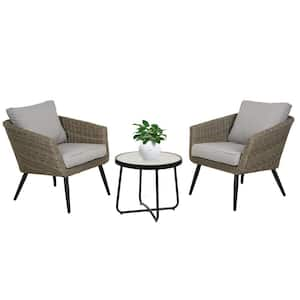 3-Piece Patio Wicker Metal Outdoor Conversation Sets with Gray Cushions