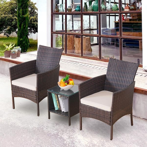 3-Piece Brown Wicker Patio Conversation Set with Beige Cushions and a Table for Garden