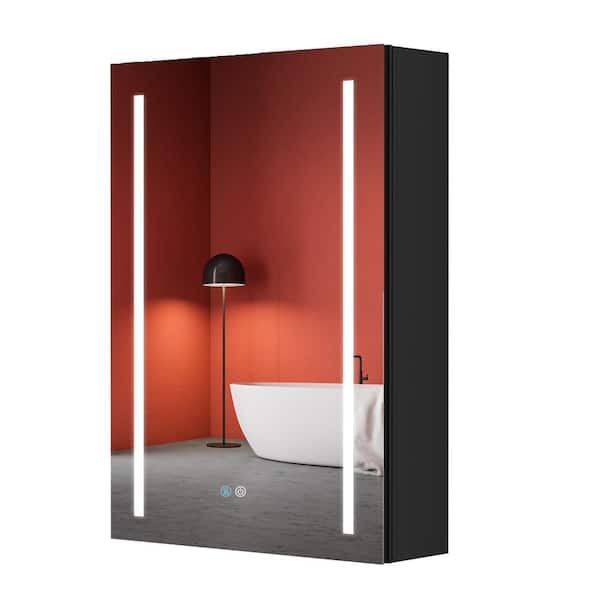 Getpro 20 in. W x 30 in. H Large Black Aluminum Surface Mount Medicine Cabinet With LED Lighting and Mirror Defogger
