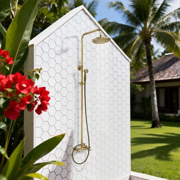2-Spray Outdoor Wall Bar Shower Kit 8 in. Round Rain Shower Head with Hand Shower and 2 Cross Knobs in Antique