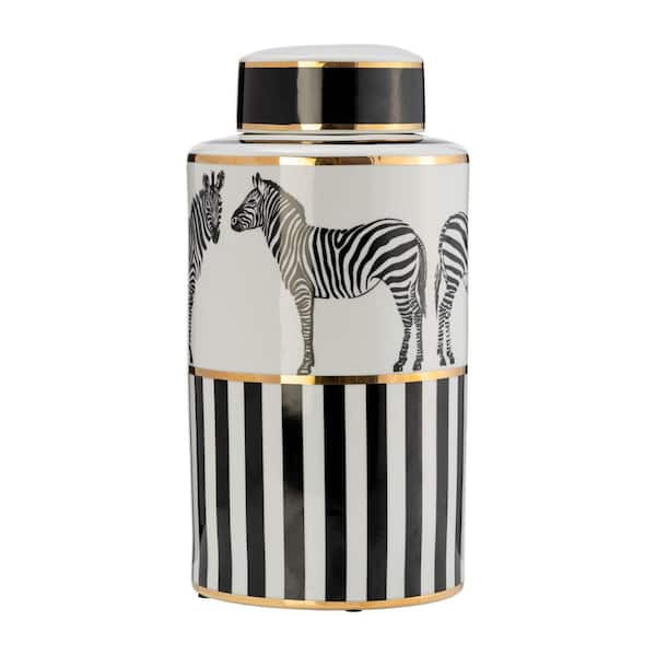 Liv & Skye 16 in. White Ceramic Zebra Jar with Lid