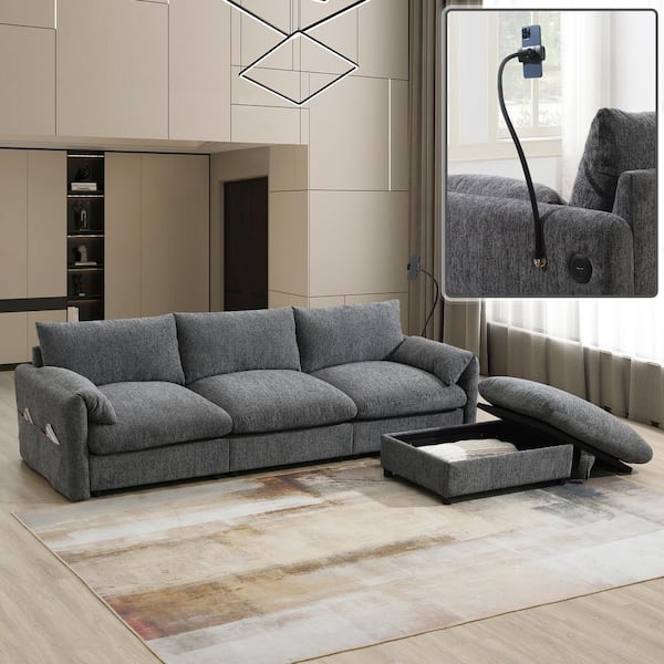 96.5 in. Chenille L Shaped Sectional Sofa in. Gray with Storage Ottoman, Adjustable Phone Holder, USB Charger