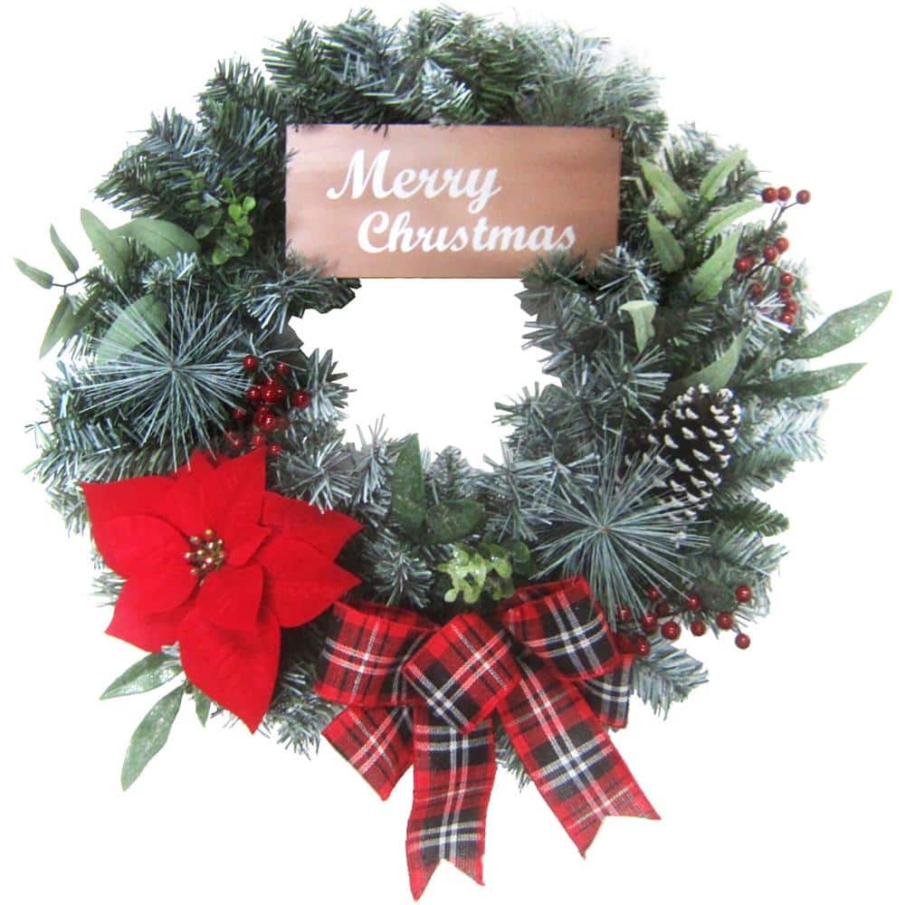 24 in. Artificial Christmas Wreath with a Poinsettia Bloom, Bow, and Merry 