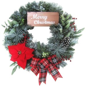 24 in. Artificial Christmas Wreath with a Poinsettia Bloom, Bow, and Merry Christmas Wooden Sign