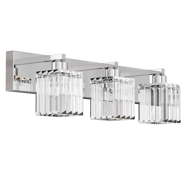 24 in. 3-Light Square Chrome LED Vanity Light for Bathroom and Makeup Room with Crystal Shade