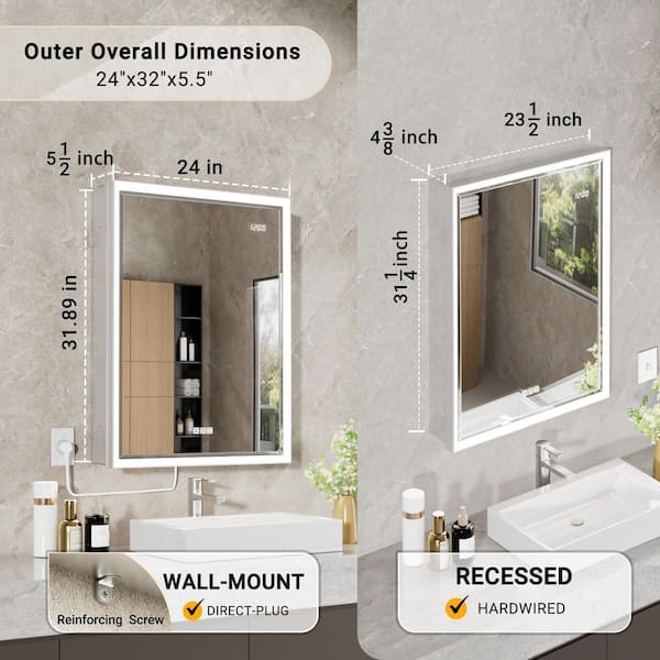 Anglora 24 W x 32 in. H LED Beveled Edge Rectangular Aluminum Recessed/Surface Wall Medicine Cabinet with Mirror-Right