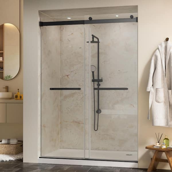 44-48 in. W x 76 in. H Sliding Semi Frameless Shower Door in Matte Black with 5/16 in. Tempered Clear Glass