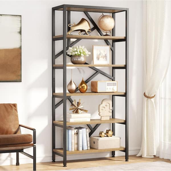 71 in. Tall Light Brown Industrial 6-Shelf Wood Etagere Bookcase, Freestanding Open Storage Bookshelf for Home Office