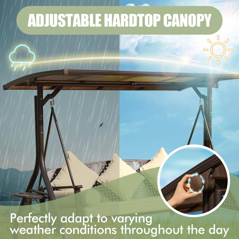 Beige Cushioned 3-Person Steel Porch Swing with Adjustable Canopy