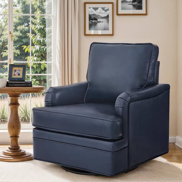 OrangeOne Fabry Navy Mid-Century Genuine Leather Swivel Accent Chair Modern Armchair Upholstered Barrel Chair with Metal Base
