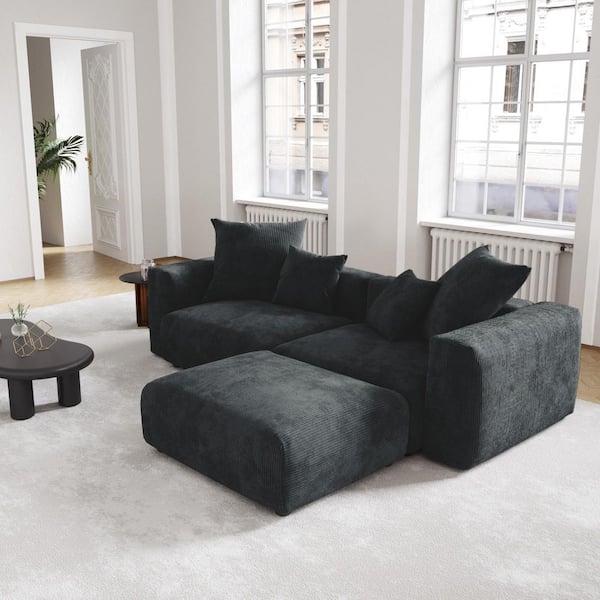 Modern 102 in. Square Arm 3-piece Corduroy Modular Combination Sectional Sofa Large Floor Couch with Ottomans in Black