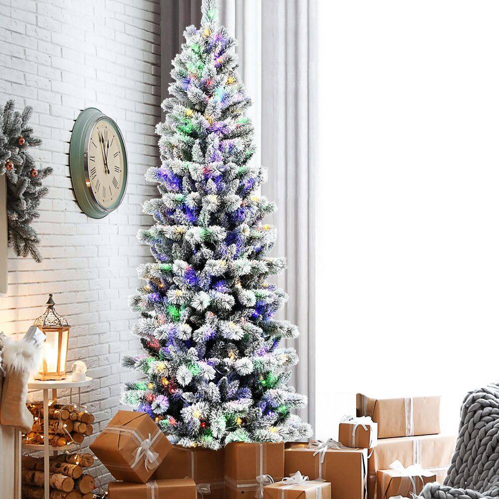 7.5 ft Snow Flocked Pine Christmas Tree with Multicolor LED Lights