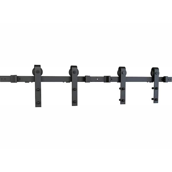 137.75 in. Soft Close Black Solid Steel Sliding Rolling Barn Door Hardware Kit for Double Wood Doors (2-Piece Rails)