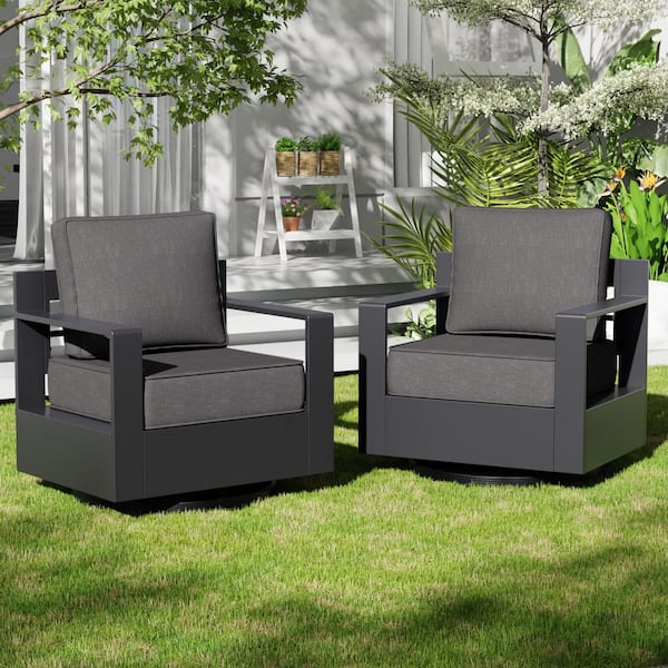 2-Piece Aluminum Armrest Outdoor Rocking Chair Set with Deep Seating and Gray Cushions