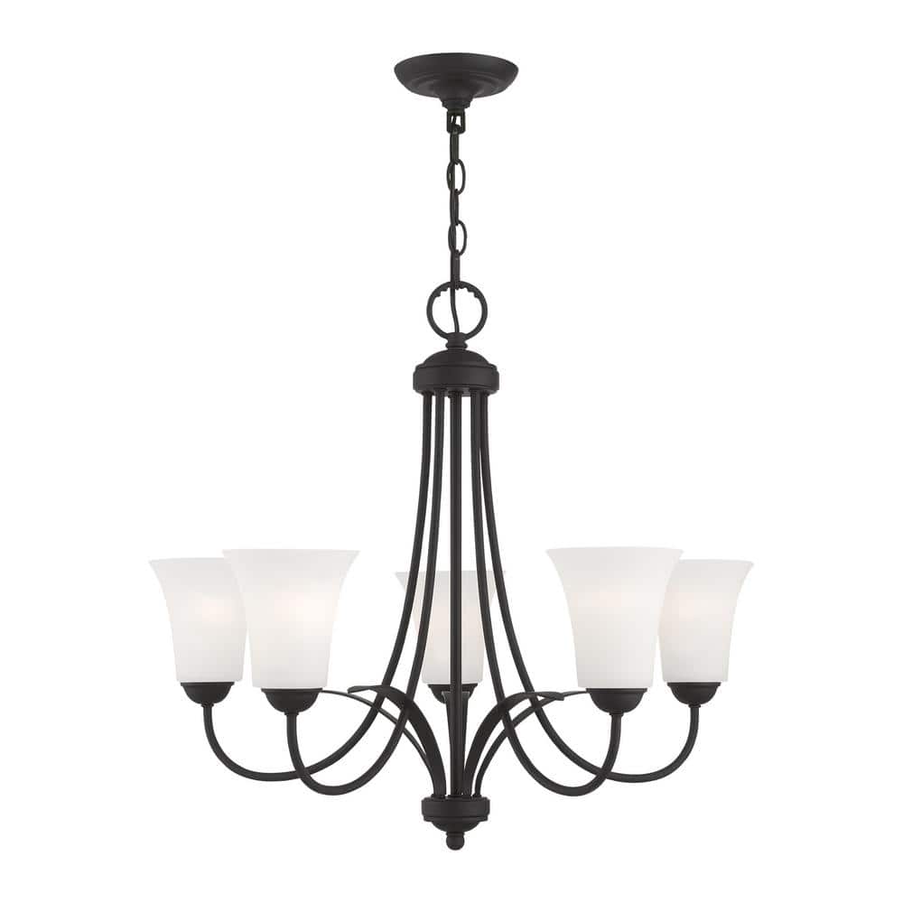 Elegant Transitional 5-Light Chandelier in Black with Satin Opal White Glass