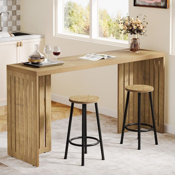 BYBLIGHT 35.43 in. H Oak Long Counter H8 Pub Table, Industrial Bar