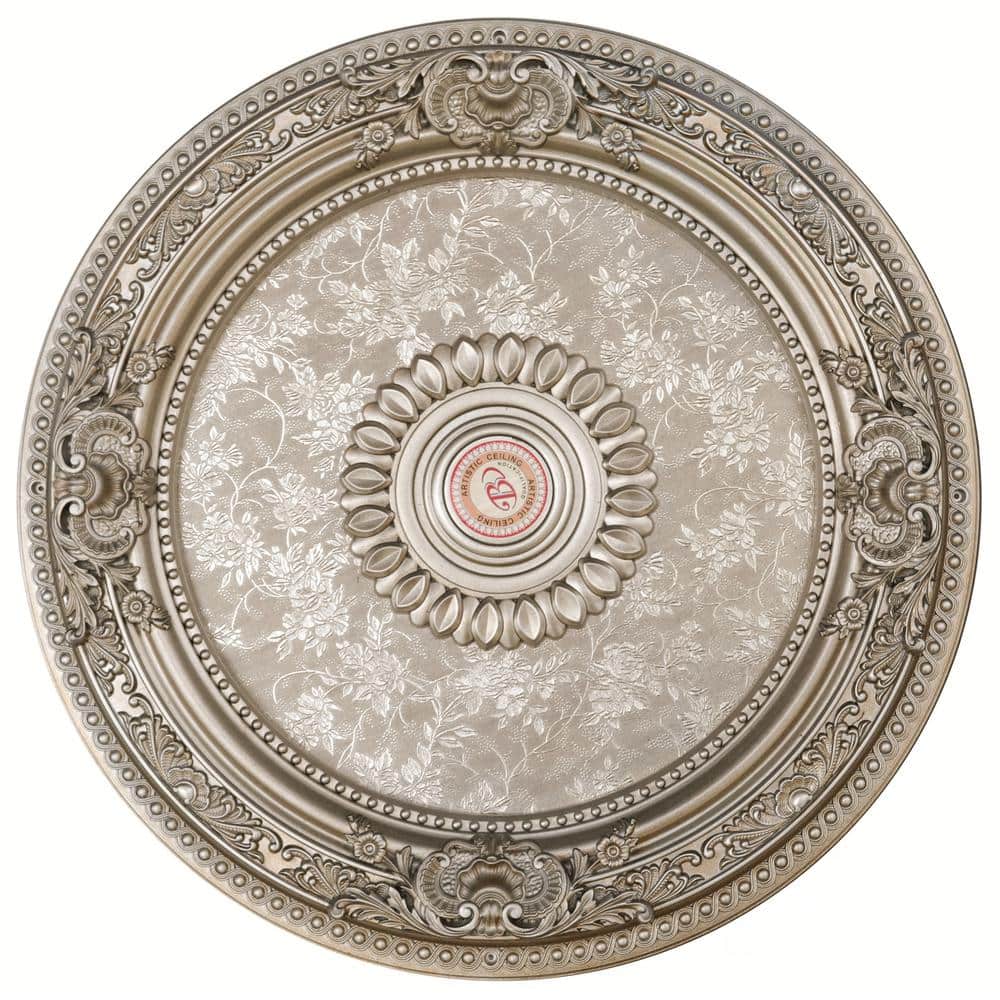 Petite Round Champagne Silver Ceiling Medallion with Floral Pattern