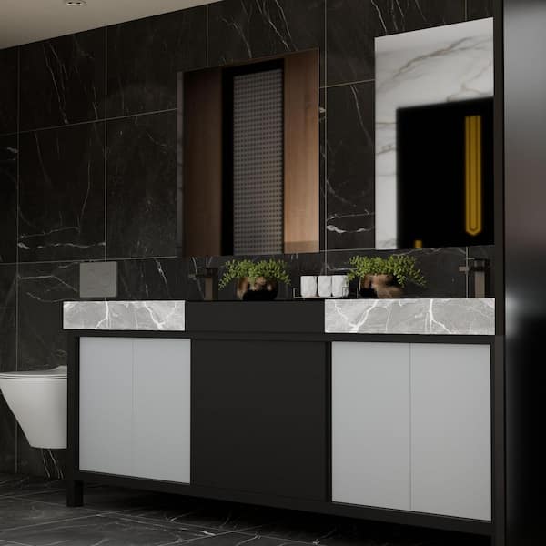 Zilara 84 in x 22 in D Black and Grey Double Bath Vanity, Castle Grey Marble Top and Gun Metal Faucet Set