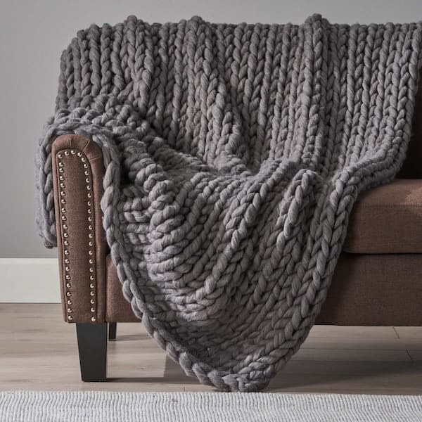Unbranded Dark Gray Soft Fabric Knitted Throw Blanket 100% Hand Knit (50 in. x 60 in.)
