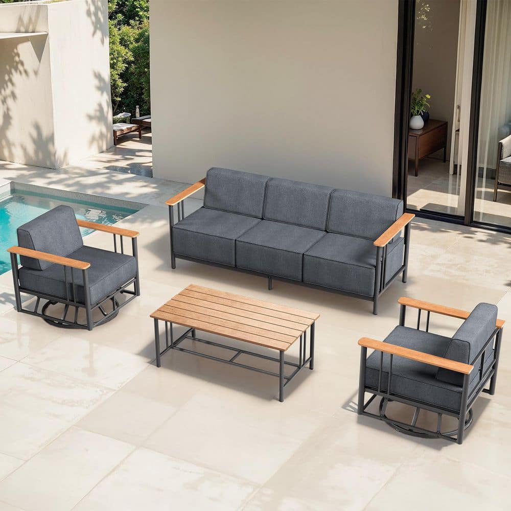BINGDWEN 4-Piece Black Metal Patio Conversation Seating Set, Outdoor Sofa Set with Swivel Chair and Gray Olefin Cushions