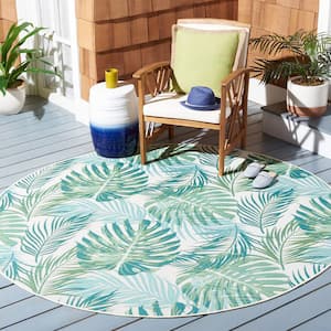 Barbados Green/Teal 7 ft. x 7 ft. Floral Indoor/Outdoor Patio  Round Area Rug