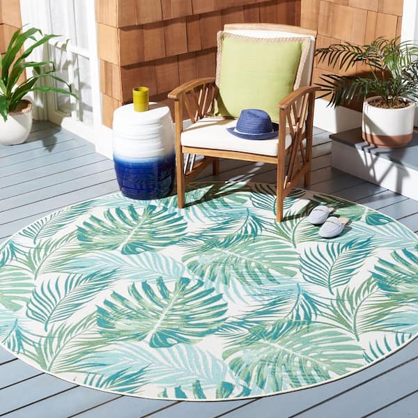 Barbados Green/Teal 8 ft. x 8 ft. Round Floral Indoor/Outdoor Area Rug
