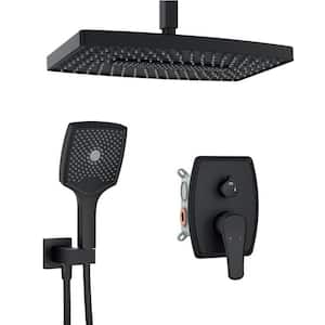 Rec Single-Handle 3-Spray 14 in. Rain Shower Head Rectangle High Pressure Shower Faucet in Matte Black (Valve Included)